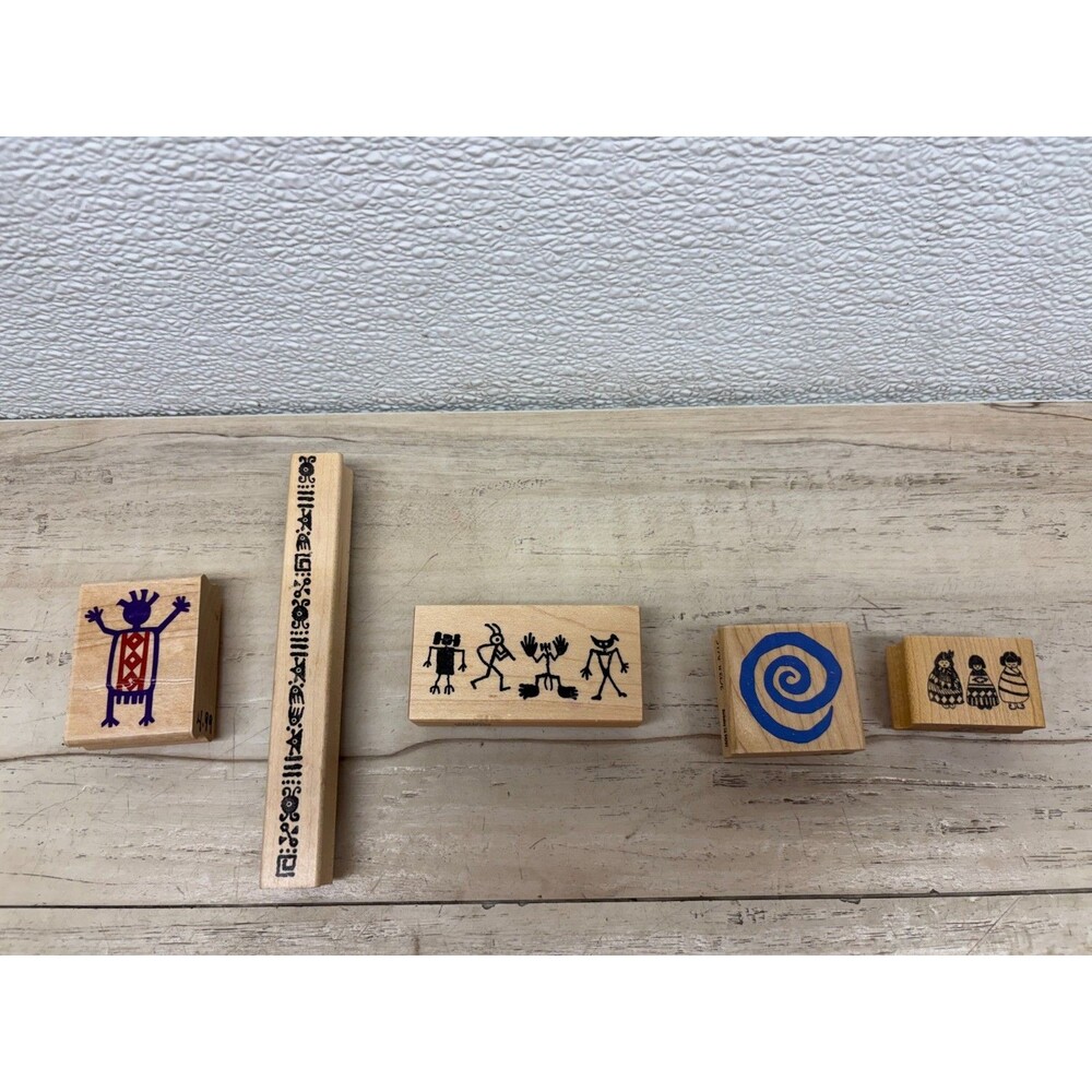 Set Of 5 Wood Mounted Rubber Stamps Petroglyph Shamanic Figurines